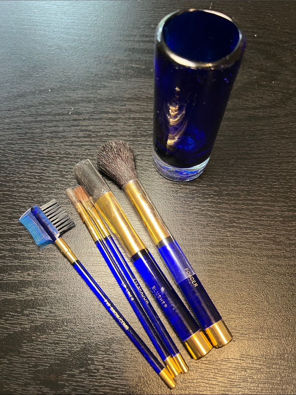 Vintage Cobalt Blue Lucite Makeup Brush Set in Cobalt Blue Blown Glass Vase